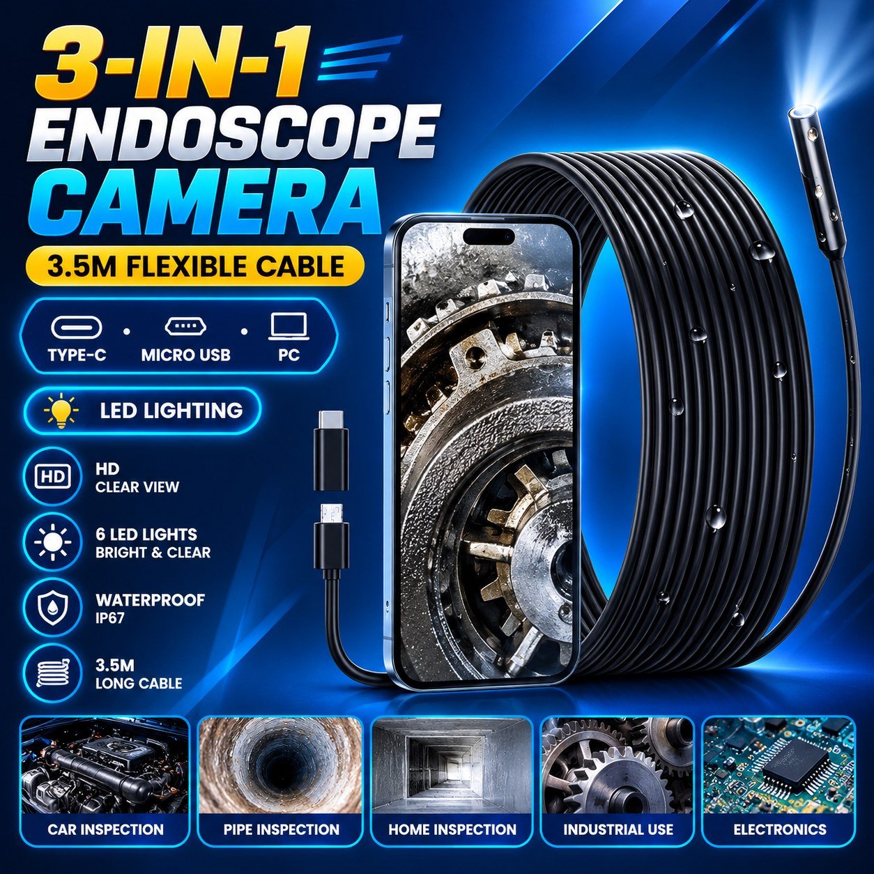 0d2a857f2f9b2bb8fbbcc98ab6304c38 Professional 3-in-1 Endoscope Camera 3.5M – HD Waterproof Inspection Borescope with LED Lights | Type-C, Micro USB & PC Compatible for Car, Pipe & Hard-to-Reach Areas - Image 1